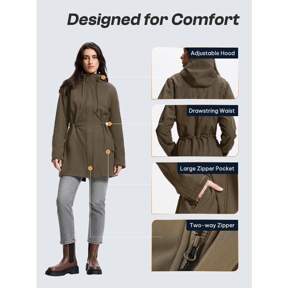 Women's Waterproof Rain Jacket with Fleece Lining Hooded Windbreaker Long Warm O - Picture 4 of 6